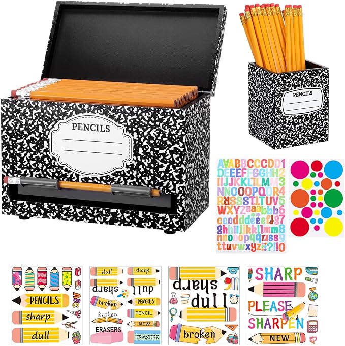 Mifoci Wooden Pencil Dispenser Kit for Classroom Wooden Pen Holder Straw Dispenser Sharp and Dull Letter Stickers for Teachers Classroom Supplies Storage (Composition)