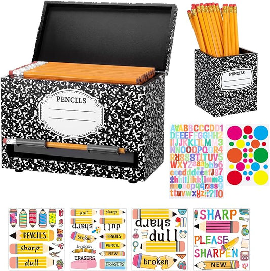 Mifoci Wooden Pencil Dispenser Kit for Classroom Wooden Pen Holder Straw Dispenser Sharp and Dull Letter Stickers for Teachers Classroom Supplies Storage (Composition)