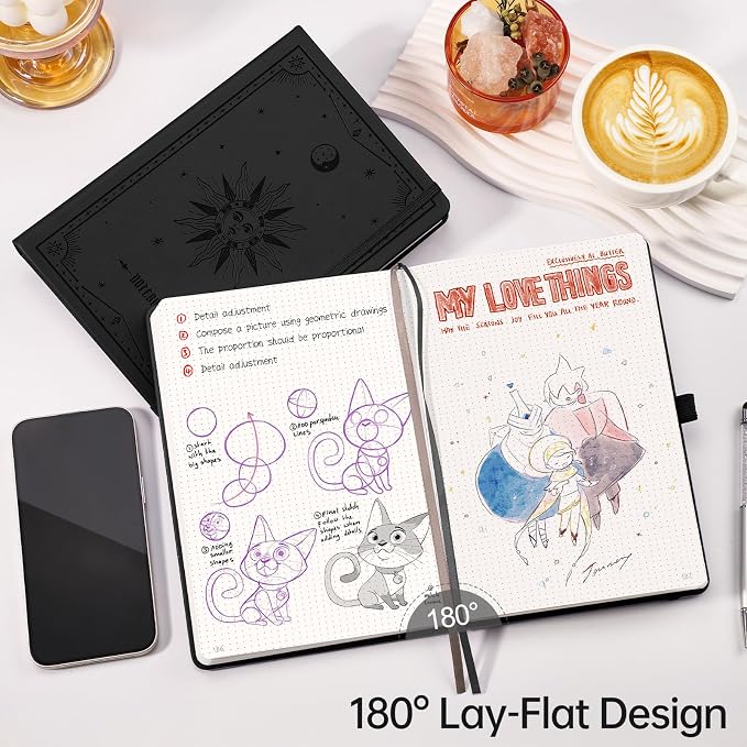 EMSHOI Dotted Journal Notebook, 192 Pages, A5 Size (5.7'' x 8.3'') | Leather Hardcover, 100 GSM Thick Paper, for Journaling, Planning, Tracking & Sketching, Sun Debossed (Black)