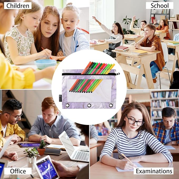 Purple Marble Ripple Pencil Pouch Fits standard 3-ring binders, Zipper Binder Pencil Bag with Clear Window for Class Office 2 Pack
