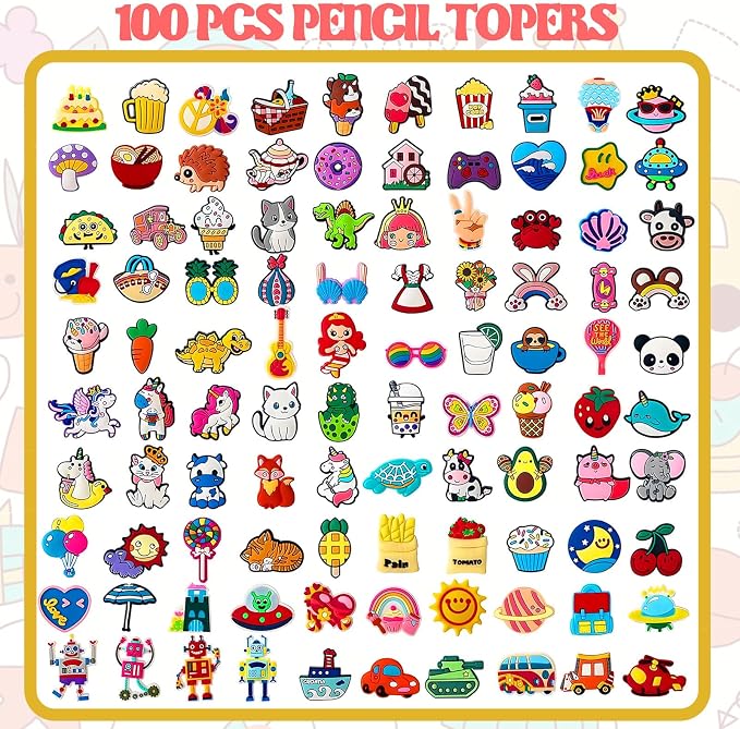 100 Pcs Cute Pencil Topper Decor,Mixed Different Style Lovely Pencil Clips | Pencil Topper Decoation,Bulk Pen Toppers Charm Accessories for Kids,Classroom Rewards Prizes Present for Students, medium