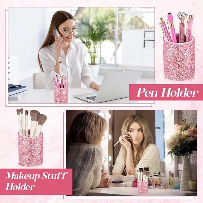 Sabary 8 Pcs Shiny Pink Pens with Pen Holder for Desk Glitter Crystal Diamond Cute Ballpoint Fancy Pencil Holder Bling Desk Organizer for Women Girls School Office Supplies Wedding Graduation Gifts