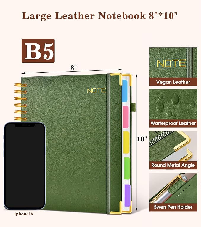Hardcover Large Spiral Notebook journal with Removable Dividers Tabs, 300 pages Leather 5 Subject Notebook College Ruled, 8" x 10"Journal for Women Men, Notebooks for Work School Note taking,B5 Green
