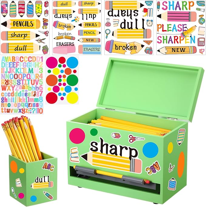 Mifoci 8 Pcs Wooden Pencil Dispenser Kit for Classroom Wooden Pen Holder Straw Dispenser Sharp and Dull Letter Stickers for Teachers Classroom Supplies Storage (Green)