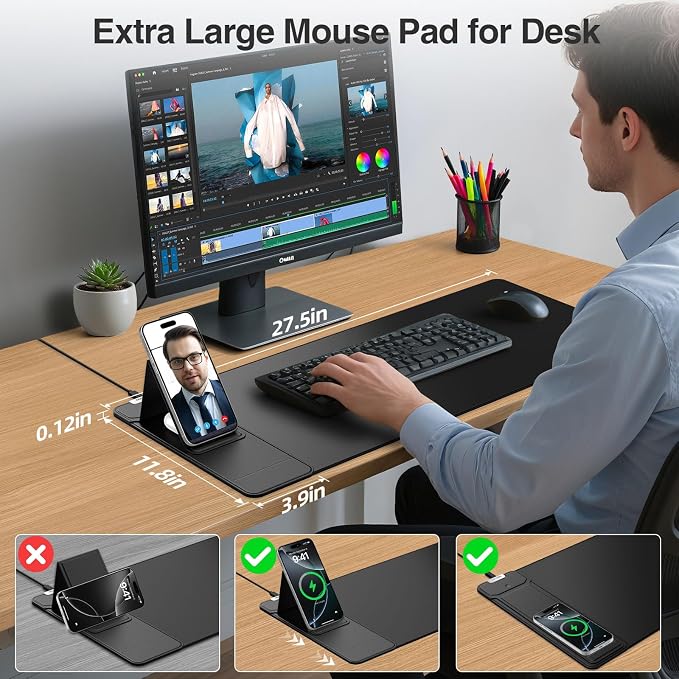 Mouse Pad with Wireless Charging & Foldable Phone Holder, Black | 27.5"x11.8 Desk Protector with Stitched Edges, Non-Slip Base, Laptop Desk Mat, Waterproof Writing Pad for Office & Home