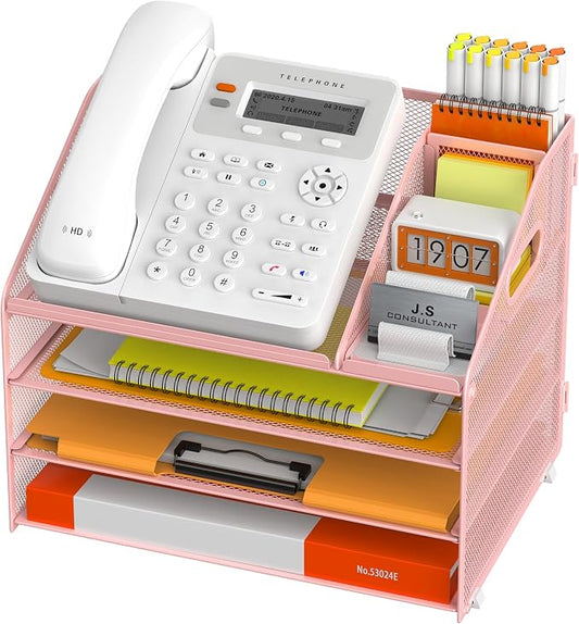 DocNest 4 Tier Metal Mesh Desk File Organizer with Phone Shelf, Pink | Desktop letter tray sorter features a 9.1x9.1 inch top phone holder, built-in sticky note compartment and pen holder