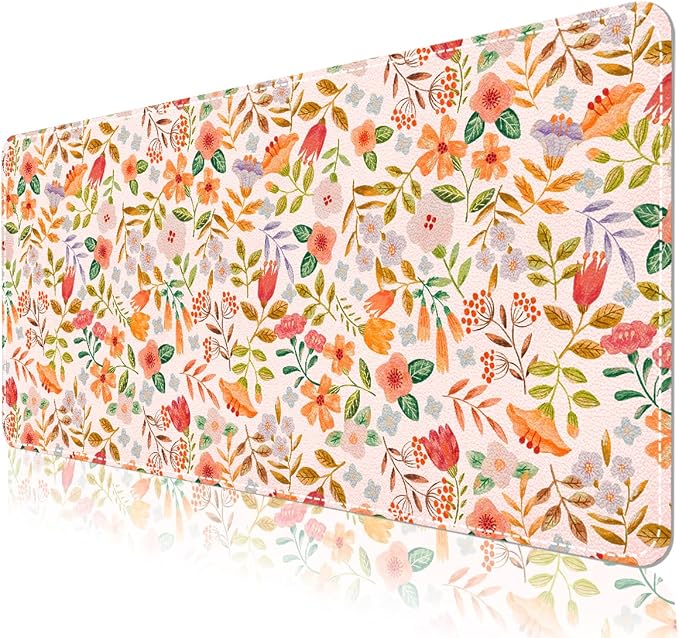 Botanical Floral Desk Pad Blotter,Large Mouse Pad 35 x 17in,PU Leather Desk Mat Writing Pad Protector, Non-Slip Waterprrof,Desktop Decor for Home Office & Gamers Women Girls (Spring Flower)