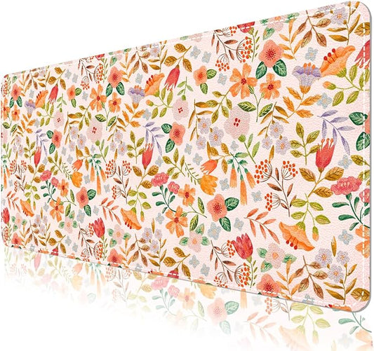Botanical Floral Desk Pad Blotter,Large Mouse Pad 35 x 17in,PU Leather Desk Mat Writing Pad Protector, Non-Slip Waterprrof,Desktop Decor for Home Office & Gamers Women Girls (Spring Flower)