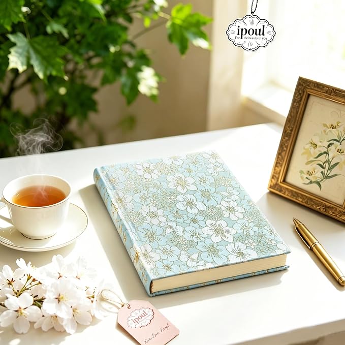 Blue Notebook, Beautiful Writing Journal for Women, A5, Hardcover, Lay Flat, Ruled Paper, Cherry Blossom Flowers, Cyan