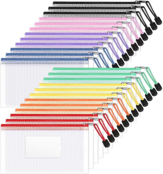 Sooez 24 Pack Mesh Zipper Pouch Bags with Label Pocket, A6 (9.1×4.7 in) Small Pencil Case Pouch for Organizing, Clear Plastic Pencil Pouches Bulk for School Supplies Storage, Money Envelopes for Cash