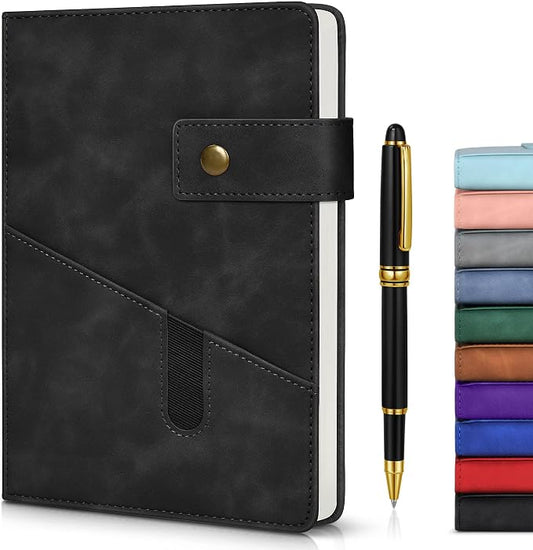 Lined Journal Notebook with Pen, A5 Personalized Hardcover Leather Journal for Men Women, 200 Pages 100 GSM Thick Paper College Ruled Notebooks for Work Travel School Writing Diary 5.9" X 8.4" Black