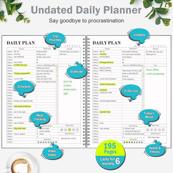 Planner Undated, Asten Daily Planner Agenda with to Do List, Hourly Schedules for Women and Men, Spiral Appointment Book with Elastic Closure, Inner Pocket 8.5" x 11" (Gray)