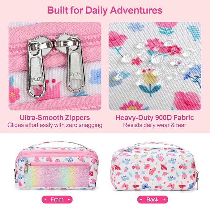 Large Pencil Case for Girls - Aesthetic Pencil Pouch for School | Kids Pencil Case & Wide Handle, Water Resistent Organizer Box,Fits 50 Pens & Markers, Daily Use, Floral Butterfly