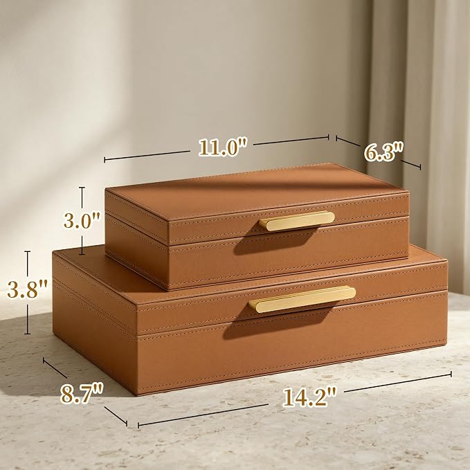 JARLINK Decorative Storage Boxes with Lids, PU Leather Bins, 2 Pack, Brown | Elegant Keepsake & Memory Boxes for Photos, Documents & Remotes, Premium PU Leather Organizers for Bookshelf & Home Decor