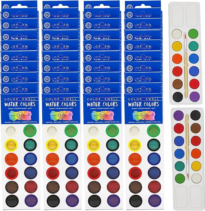 36 Packs of Dry Watercolors with Wood Brushes 12 Washable Colors