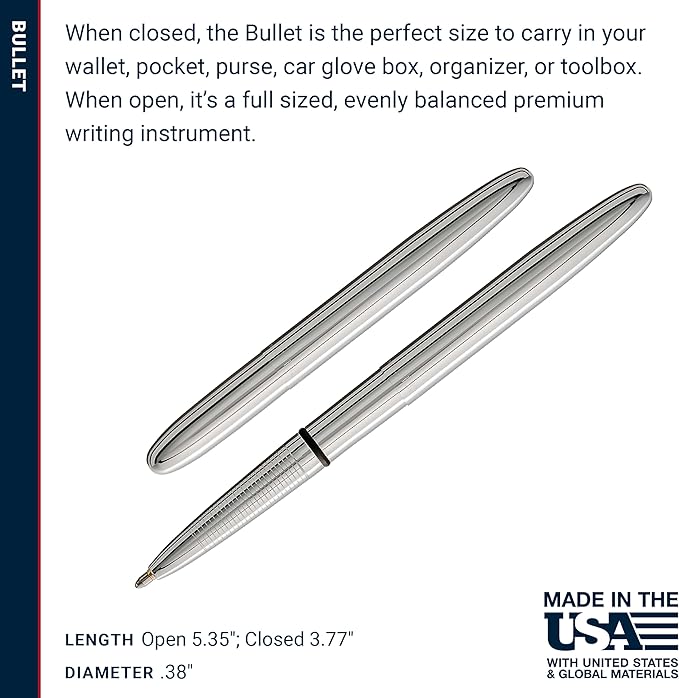 Fisher Space Pen Chrome Bullet Pen, Pressurized Ballpoint Pen, Compact Pocket Size, Writes Upside Down and in Extreme Temperatures, Smooth Black Ink, Medium Point, Gift Box, Made in the USA