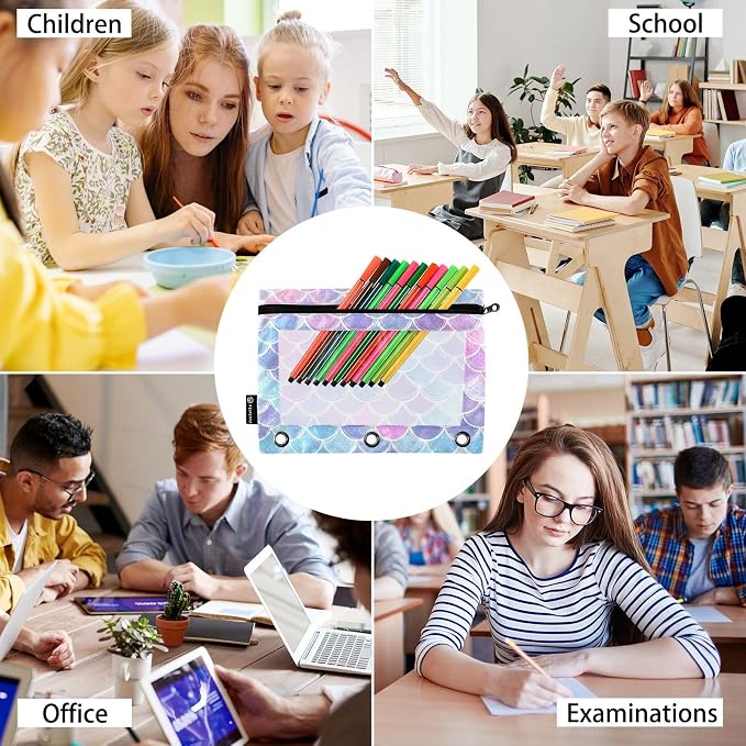 Gredecor Binder Pencil Pouch 3 Ring Magic Pink-Blue Mermaid Scales Zipper Pencil Pouches Case 2 Pack Clear Binder Organizer for School Office