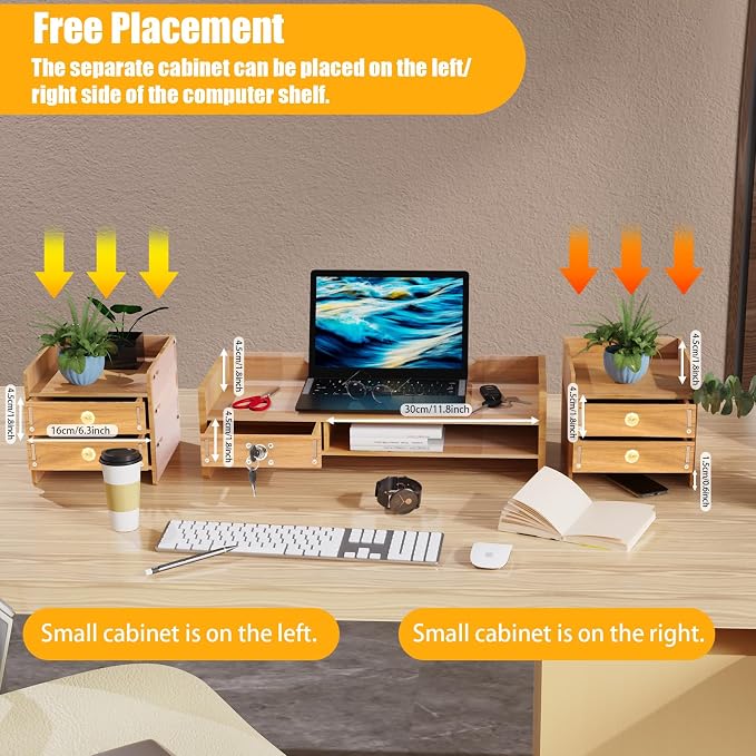 Wood Monitor Stand Riser Computer Laptop Desktop Organizer W/ Drawers + Lock Tray DIY, Desk Drawer Organizers Wood Desk Paper Organizer for Home Office