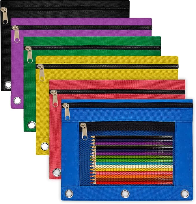 Pencil Pouch for 3 Ring Binder 6 Pack Pencil Bags with Zipper Pencil Case for Binder Large Pencil Case Pouch 3 Ring with Clear Mesh Window Double Pockets Office Supplies Assorted Color