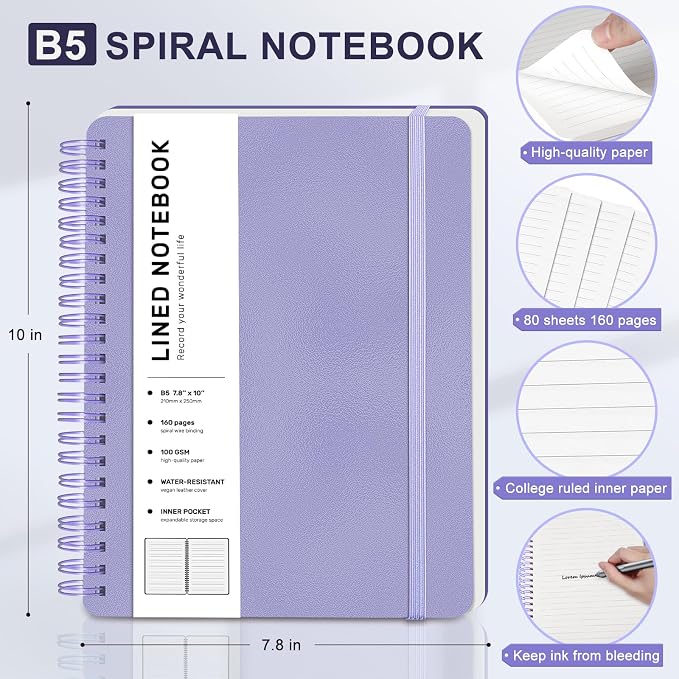 Lined Spiral Journal Notebook with 160 Pages, 7.8×10in, B5 Spiral Notebook, Journaling Notebooks for Work, School, Women, Men, College Ruled Spiral Notebook, Hardcover Leather Journals, Purple