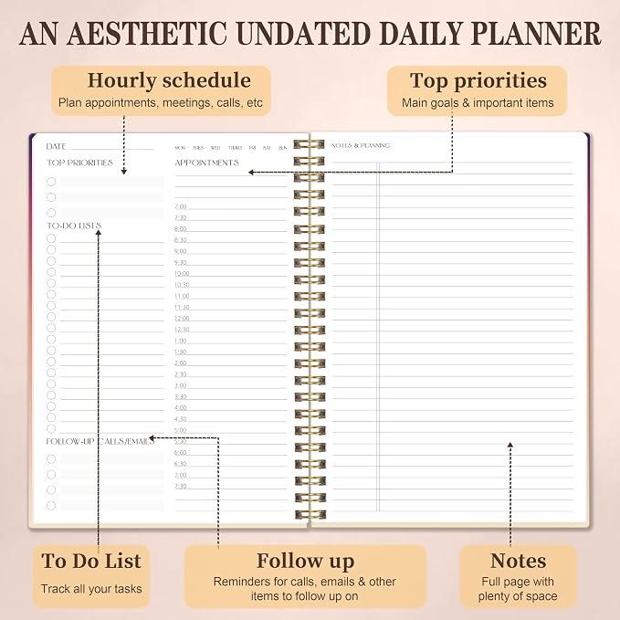 TREES Undated Daily Planner, 80-Day To-Do List with Hourly Schedule | Day-on-a-Page Agenda for Hourly Schedules, Priorities, Tasks and Notes, Designed for Work, Home and Everyday Planning