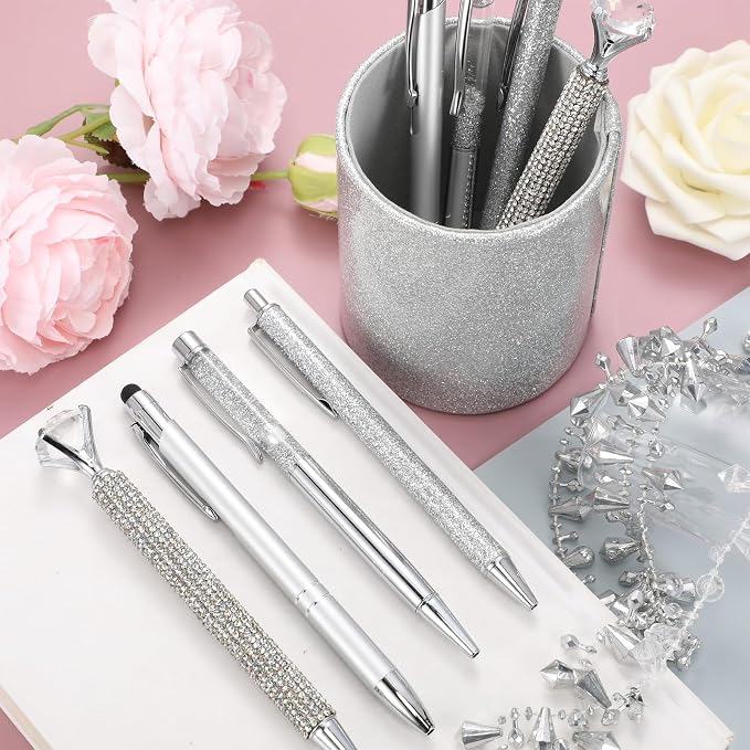 Sabary 8 Pcs Silver Pens with Pen Holder for Desk Glitter Crystal Diamond Cute Ballpoint Fancy Pencil Holder Bling Desk Organizer for Women Girls School Office Supplies Wedding Graduation Gifts