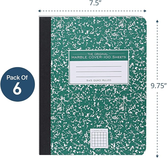 ROARING SPRING Hard Cover Composition Notebook, 6 Pack, Green Marble Comp Book, 9.75″ x 7.5″, 5x5 Grid Graph Ruled, 100 Sheets (200 Pages), Made in USA