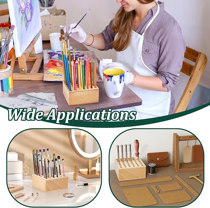 Beechwood Paint Brush Holder 42 Holes Paint Brush Storage Organizer Paintbrush Holder Organizer Wooden Block Pencil Holder for Makeup Brushes Pens and Art Tools