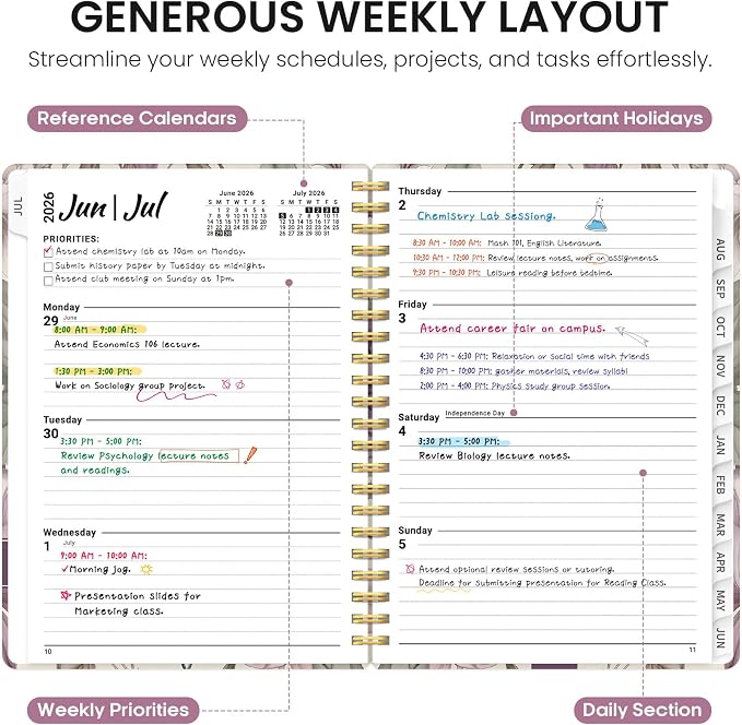 Planner 2026-2027, Academic Year Weekly and Monthly Calender Planner, from Jul 2026 - Jun 2027, Spiral Bound School Planning Book, Perfect for Teacher, Student, Women & Men, A5 (6.3" x 8.5"), Soft Peony