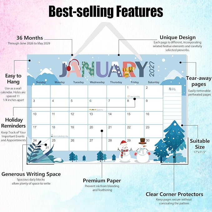 Guasslee Desk Calendar 2026-2029,36 Months Calendar Runs from 2026 Jun. to 2029 May, 17"x11.5" Monthly Desktop/Wall Planner with Thick Paper and Notes for Home School & Office