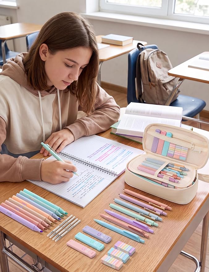 SUNEE 35PCS Aesthetic Stationery Set with Cute Pencil Case, Pastel Highlighters, Black Gel Pens, Mechanical Pencils & Refills, College School Supplies for Students Girls Beige