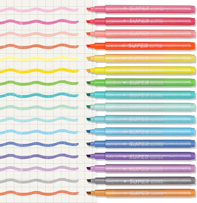 HANKU Glitter Highlighter Markers, 16-Count, Chisel Tip Glitter Highlighters Assorted Colors, Sparkly Markers for Adult Coloring Journaling Art Supplies