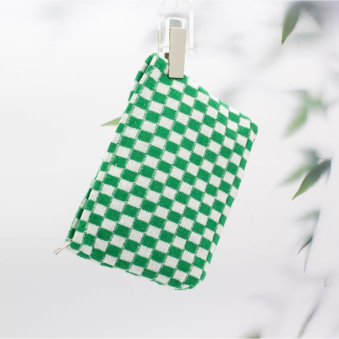 PAZIMIIK Checkered Makeup Bag for Purse, Small Flat Cosmetic Pouch,Green | Cute Zipper Makeup Organizer for Women, Travel Essentials, Toiletries, Makeup Brushes, Beauty Accessories&Bridesmaid Gifts