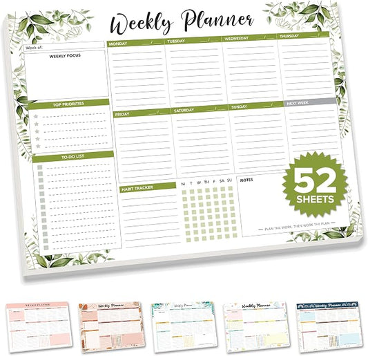 Decorably 52 Sheets Forest Green Undated Weekly Planner Tear Off Pad - 11x8.5in Spring-Bound Desk Notepad, for Focus, Priorities, to-Do List, Habit Tracker, Agenda, Notes - Home, School, Office