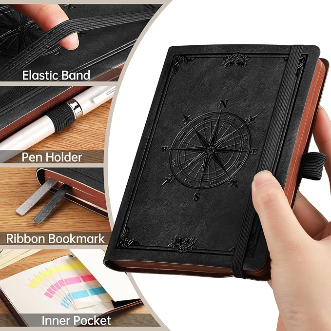 AHGXG Small Lined Pocket Notebook, 256 Numbered Pages, B6 (4.1'' X 5.7'') | College Ruled Mini Journal, Vintage Leather Softcover, 80gsm Paper, for Men Women Work Office School (Black)