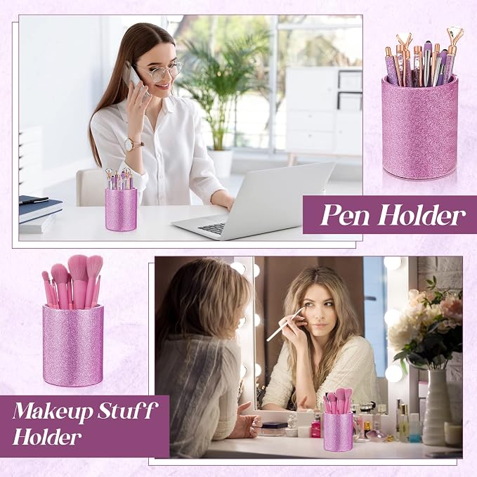 Sabary 8 Pcs Violet Pens with Pen Holder for Desk Glitter Crystal Diamond Cute Ballpoint Fancy Pencil Holder Bling Desk Organizer for Women Girls School Office Supplies Wedding Graduation Gifts