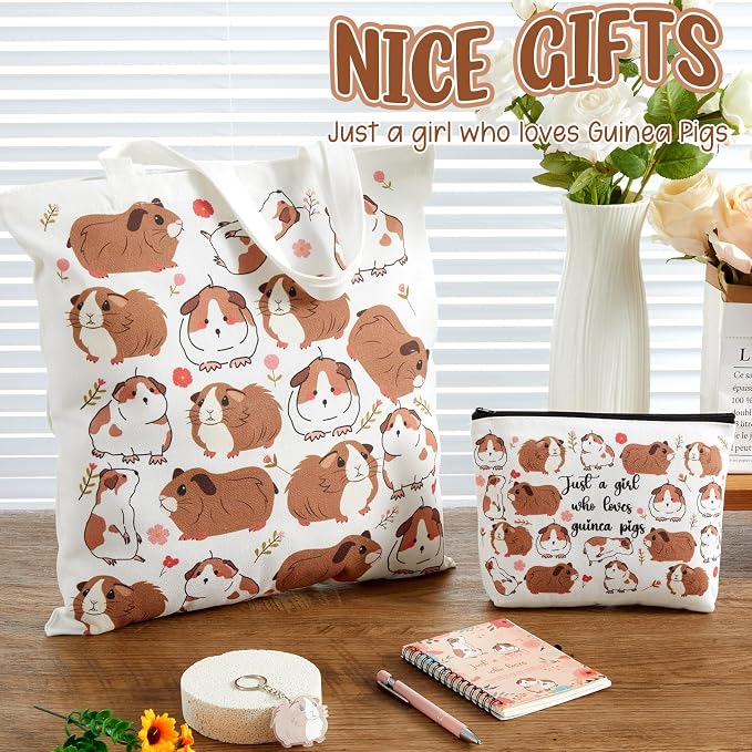 Kinlop 5 Pcs Guinea Pigs Lover Gifts for Women Include Just a Girl Who Loves Guinea Pigs Tote Bag Canvas Cosmetic Bag Coil Notebook Keychain and Ballpoint Pen for Women Girls