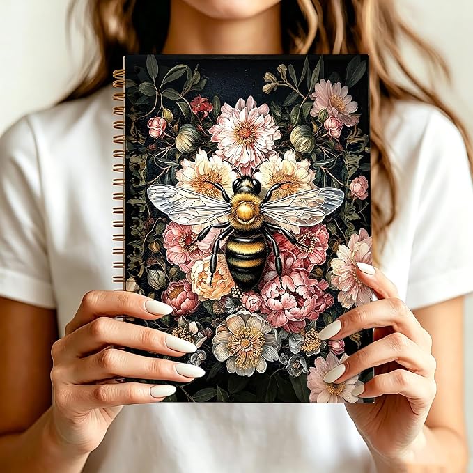 HOXUNQINA Vintage Moody Floral Bumblebee Journal Notebook 5.5x8.3 | Bumblebee Lover Gifts for Women Journal, Dark Cottagecore Wildflower Aesthetic Notebooks for Work