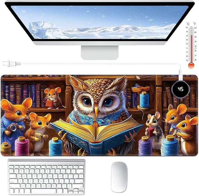 Heated Desk Pad Large Mouse Pad 31.5 x 13 inch with 3 Levels Heating & Auto Shut-Off Warm Mouse pad PU Leather Computer Mousepad for Home Office Work - Owl Book