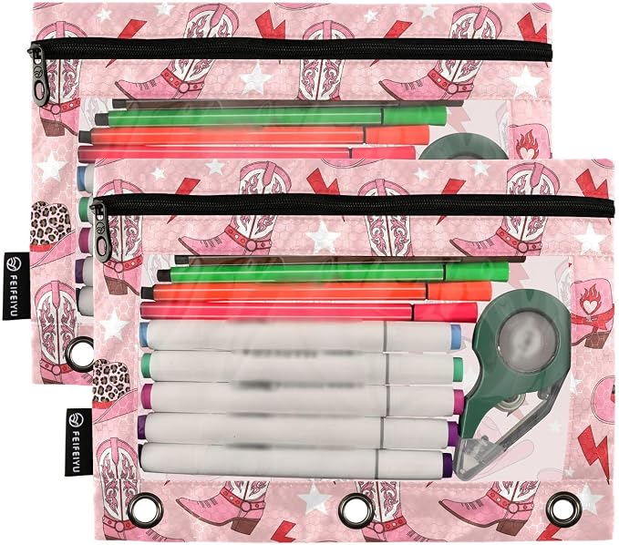 Emelivor Hat Boots Pink Pencil Pouch for 3 Ring Binder 2 Pack Binder Pencil Pouches Zippered Clear Pencil Case Cosmetic Bag for Office Work College Home Supplies