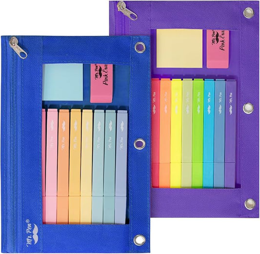 Mr. Pen- Pencil Pouch for 3 Ring Binder, 2 Pack, 10"x6.75", Smooth Zipper | Clear Window, Large Capacity Pencil Case with 3 Reinforced Grommets for School, Office, Supplies Storage | Clear Window, Large Capacity Pencil Case with 3 Reinforced Grommets f...