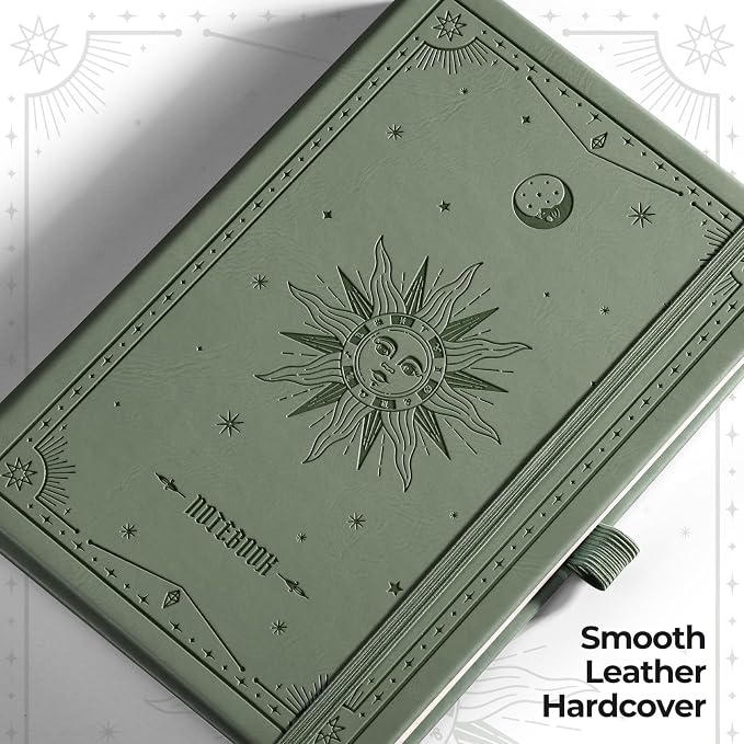 EMSHOI Dotted Journal Notebook, 320 Pages, A5 Size (5.7'' x 8.3'') | Leather Hardcover, 100 GSM Thick Paper, for Journaling, Planning, Tracking & Sketching, Sun Debossed (Green)