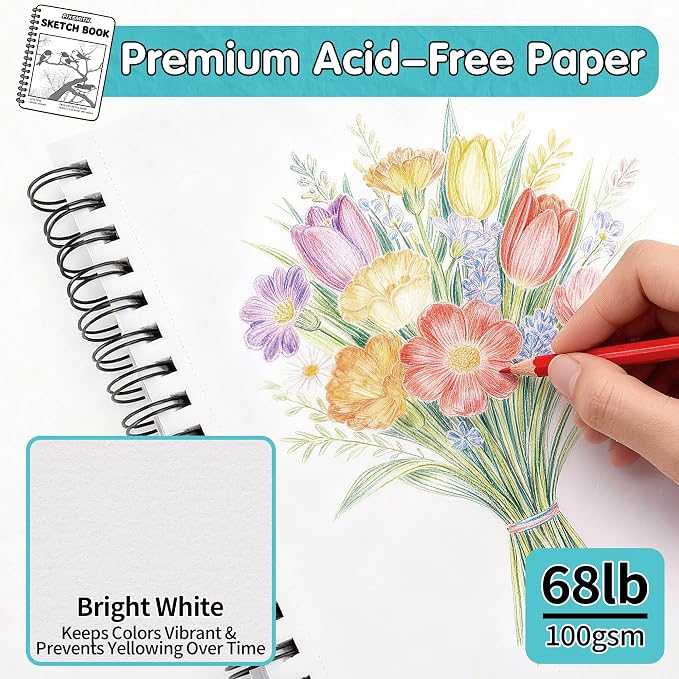 FIXSMITH 9"X12" Teal Sketch Book, 100 Sheets (68 lb/100gsm) Spiral Sketchbook, Acid Free Drawing Paper, Sketch Pad for Beginners,Artists & Professionals, Bright White