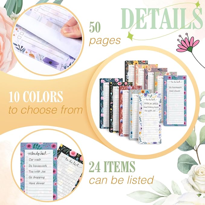 Censen 10 Pack 500 Sheets to Do List Notes Daily Checklist Notepad with 50 Sheets Undated Memo Pad Color Block Shopping List Weekly Plan Notepad Organizer Planners(Flower Color,Lined)