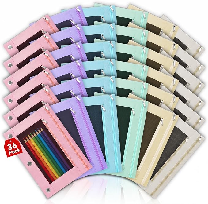 Lanpn 36 Pcs Pencil Pouch for 3 Ring Binder, 2 Pocket Zipper Binder Pouch Bulk, Pastel Binders Pencil Case, School Supplies for Boy Girl Student, Reinforced Grommets, Clear Window, Micro Mesh