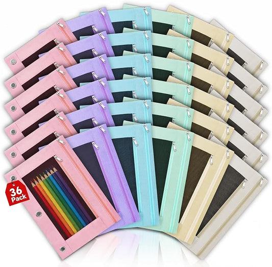 Lanpn 36 Pcs Pencil Pouch for 3 Ring Binder, 2 Pocket Zipper Binder Pouch Bulk, Pastel Binders Pencil Case, School Supplies for Boy Girl Student, Reinforced Grommets, Clear Window, Micro Mesh