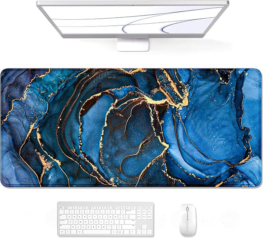 Auhoahsil Large Mouse Pad, XXL Desk Pad, Extened Mousepad 31.5" x 11.8", Non-Slip Rubber Base, Stitched Edges, Superior Surface, Gaming Keyboard Mat, Waterproof Desk Pad, Dark Blue Marble
