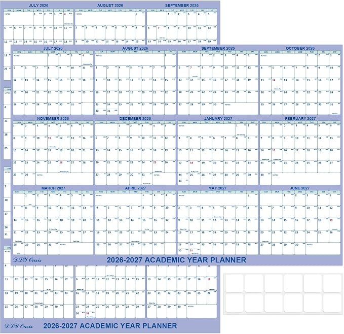 32x48 Academic Wall Calendar 2026-2027 July-June, Dry Erase School Planner | July 2026-June 2027 Folded Wet & Dry Erase Calendar, Vertical/Horizontal Reversible,12 Month School Planner with Julian Dates