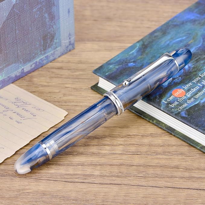 Asvine V800 Fountain Pen -Vacuum Filling System with Large Ink Capacity - Number 8 Stub Nib 1.1mm Calligraphy Art Drawing with Wrench Gift Set - Blue Brown