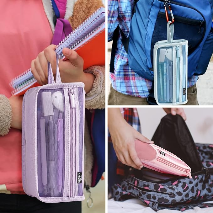 Four Candies Grid Mesh Pencil Case, Double-Layer, Clear, with Handle | Cute Stationary, Marker Organizer, Makeup Bag, Transparent Mesh, Smooth Zipper, Travel Friendly, for Adult Office College